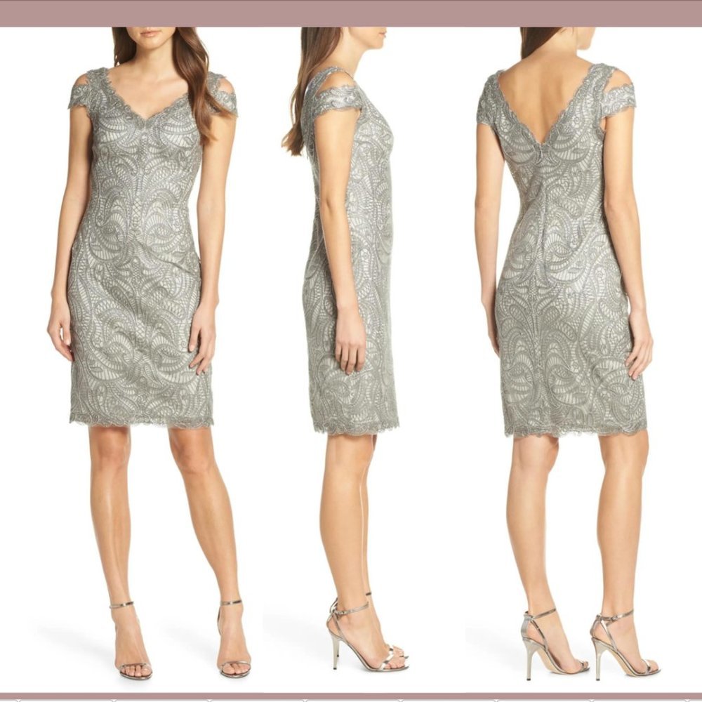 NWT $248 Tadashi Shoji [ 8 ] Cold Shoulder Lace Cocktail Dress in Ash Grey #Q258